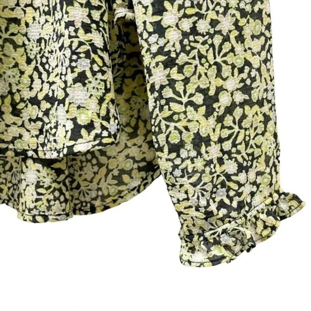 Free People Lela Blouse Floral Black & Green Flowy Boho Tie Neck Top Size Medium